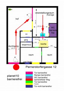 Plan von planet 10 mit eingezeichneten Türbreiten, Rampen und Zugängen. Zur Vergrößerung anklicken.