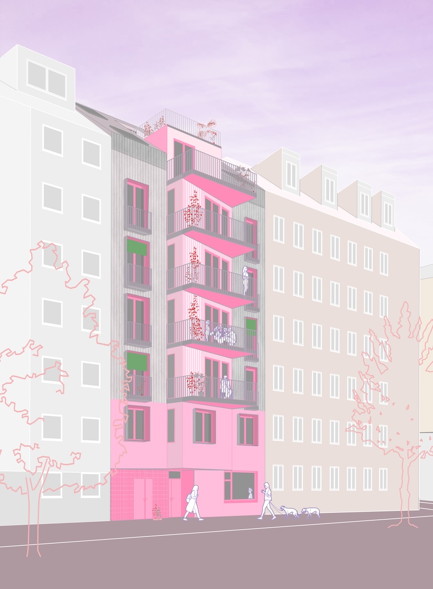 perspektivische ansicht des neuen Hauses Planet 10, pink mit grünen Jalousien