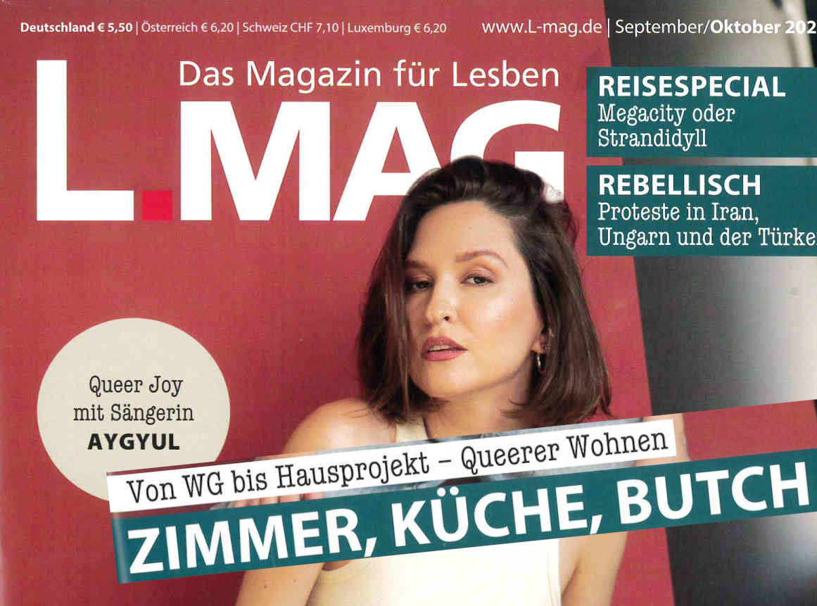 L-Mag Magazin, Titelbild mit Portrait einer Musikerin und headliner ZIMMER KÜCHE BUTCH - Queerer Wohnen