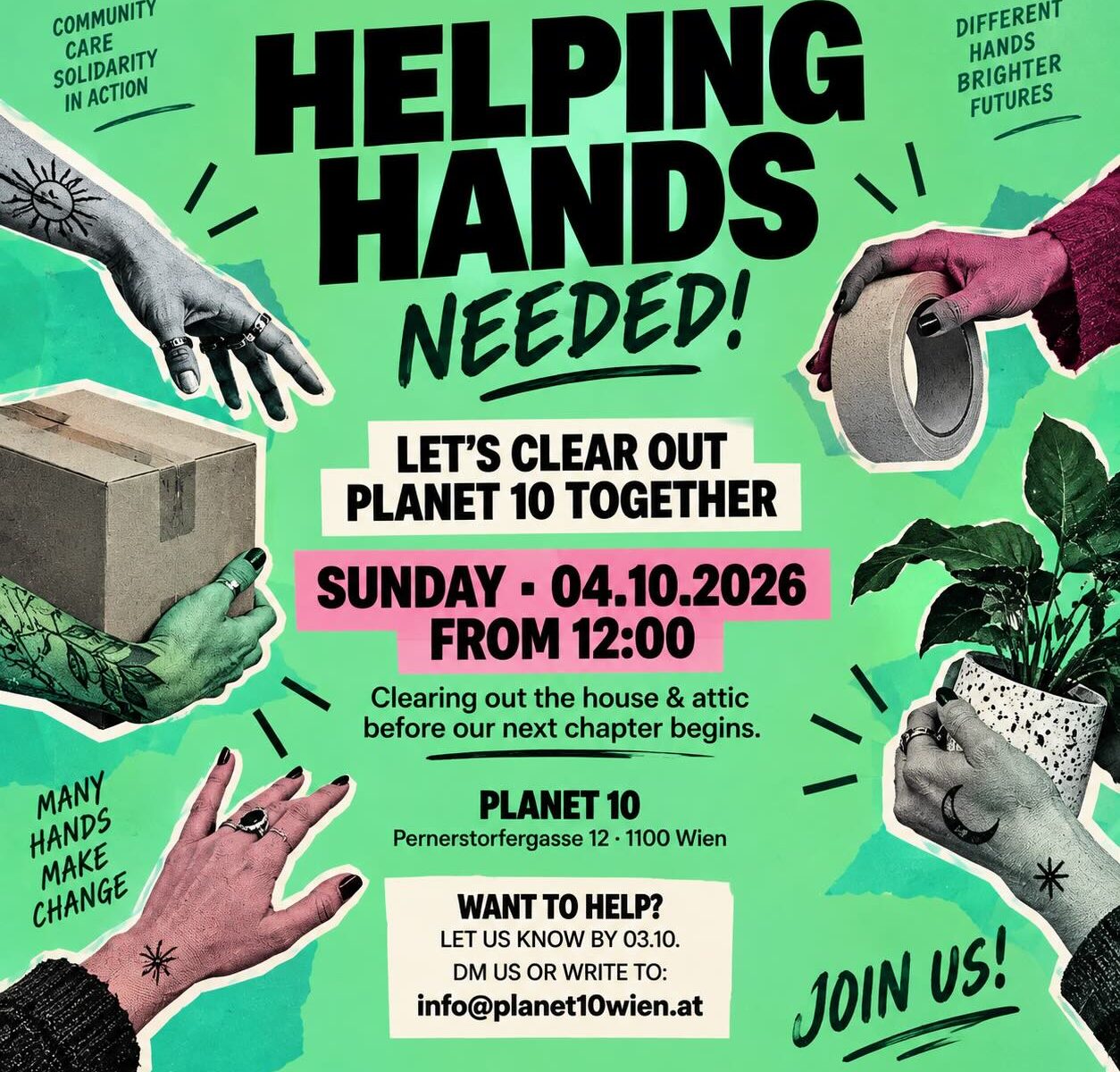 flyer mit vielen Händen und dem Schriftzug 'Helping Hands Needed'